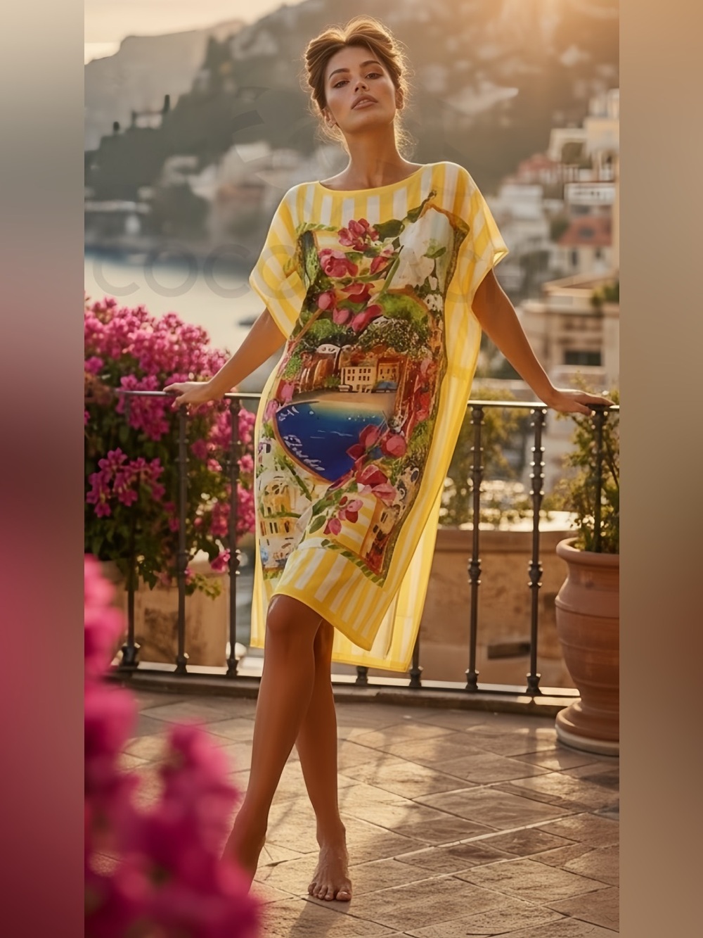 Portofino Riviera Tropical Pattern Oversized Casual Midi Dress - Picture 7 of 17